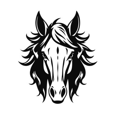 At logosu şablonu. Zarif yeleli bir at kafasının siyah beyaz silueti. Markalaşma, tasarım ve baskı için zarif minimalist logo