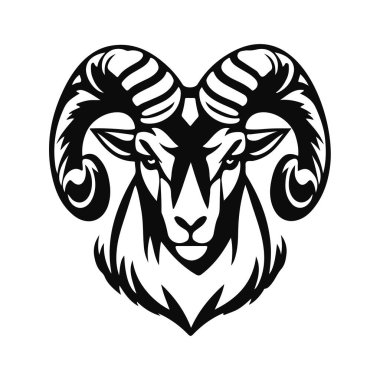 Koç başı çizimi, dağ keçisi logosu, vahşi hayvan amblemi, boynuzlu hayvan tasarımı, kabile keçi sanatı sembolü.