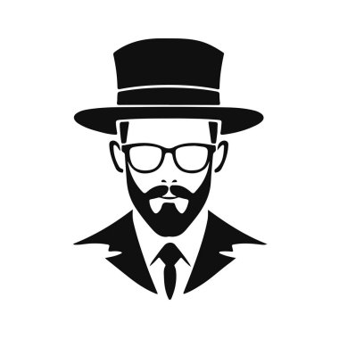 Şapkalı adam, sakallı beyefendi portresi, şık erkek avatar, hipster moda ikonu, siyah beyaz vektör sanatı.