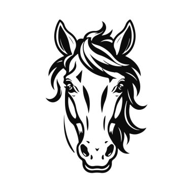 At logosu şablonu. Zarif yeleli bir at kafasının siyah beyaz silueti. Markalaşma, tasarım ve baskı için zarif minimalist logo