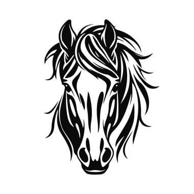 At logosu şablonu. Zarif yeleli bir at kafasının siyah beyaz silueti. Markalaşma, tasarım ve baskı için zarif minimalist logo