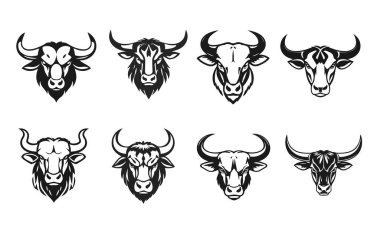 Boğa başlı logo koleksiyonu, güçlü hayvan amblemi, kızgın boğa yüzü, boynuzlu canavar ikonu, vektör illüstrasyonu