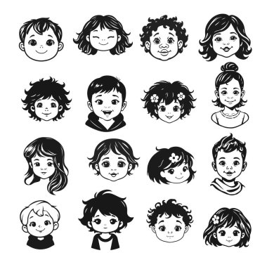 Tatlı çocuk yüzleri, çizgi film çocukları, duygusal bebek ifadeleri, siyah beyaz karakterler.