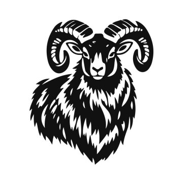 Koç başlı illüstrasyon, siyah beyaz hayvan logosu, vahşi boynuzlu keçi tasarımı.