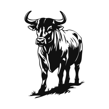 Güçlü boğa silueti çizimi, siyah beyaz vektör sanatı, vahşi hayvan çizimi, agresif güç sembolü.