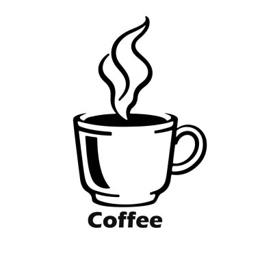 Sıcak kahve fincanı logosu tasarımı, dumanı tüten içecek ikonu, kafe içecek illüstrasyonu, sabah espresso sembolü, siyah beyaz sanat eseri.