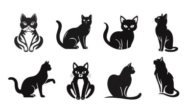Siyah kedi silueti seti, vektör kedi çizimi, evcil hayvan grafiği, oturan kedi tasarımı, evcil logo simgesi koleksiyonu