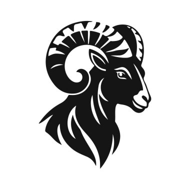 Koç başlı illüstrasyon, siyah beyaz hayvan logosu, vahşi boynuzlu keçi tasarımı.