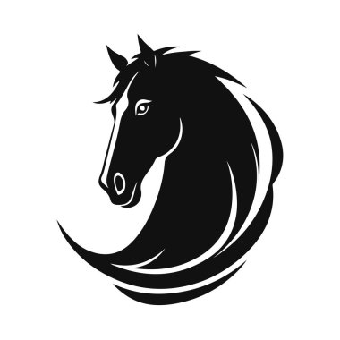 At logosu şablonu. Zarif yeleli bir at kafasının siyah beyaz silueti. Markalaşma, tasarım ve baskı için zarif minimalist logo