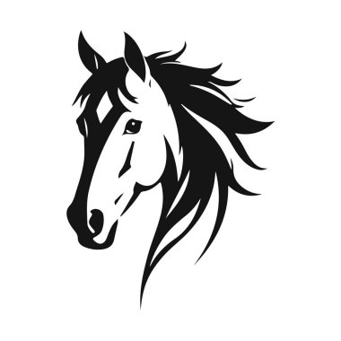 At logosu şablonu. Zarif yeleli bir at kafasının siyah beyaz silueti. Markalaşma, tasarım ve baskı için zarif minimalist logo