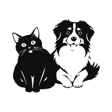 Çizgi film kedisi ve köpeği, sevimli hayvan arkadaşları, komik hayvan karakterleri, tapılası vektör sanatı, oyuncu hayvan çizimi