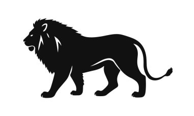 Aslan silueti vektörü, vahşi hayvan sanatı, görkemli aslan çizimi, güçlü yırtıcı logosu, siyah aslan tasarımı.