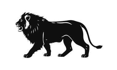 Aslan silueti vektörü, vahşi hayvan sanatı, görkemli aslan çizimi, güçlü yırtıcı logosu, siyah aslan tasarımı.