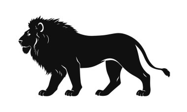 Aslan silueti vektörü, vahşi hayvan sanatı, görkemli aslan çizimi, güçlü yırtıcı logosu, siyah aslan tasarımı.