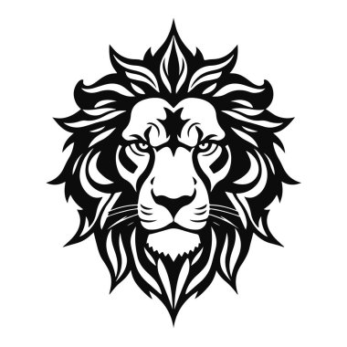 Aslan başı çizimi, vahşi kedi logosu, görkemli hayvan yüzü, hayvanların kralı, güçlü aslan amblemi tasarımı.