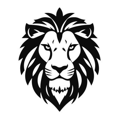 Aslan başı çizimi, vahşi kedi logosu, görkemli hayvan yüzü, hayvanların kralı, güçlü aslan amblemi tasarımı.