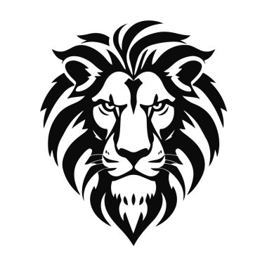 Aslan başı çizimi, vahşi kedi logosu, görkemli hayvan yüzü, hayvanların kralı, güçlü aslan amblemi tasarımı.