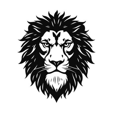 Aslan başı çizimi, vahşi kedi logosu, görkemli hayvan yüzü, hayvanların kralı, güçlü aslan amblemi tasarımı.