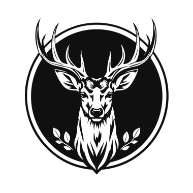 Geyik baş illüstrasyonu, vahşi hayvan logosu tasarımı, geyik amblemi çizimi, av sembolü sanatı, görkemli boynuzlar.