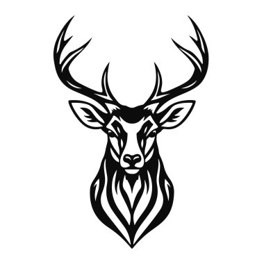Geyik baş illüstrasyonu, vahşi hayvan logosu tasarımı, geyik amblemi çizimi, av sembolü sanatı, görkemli boynuzlar.