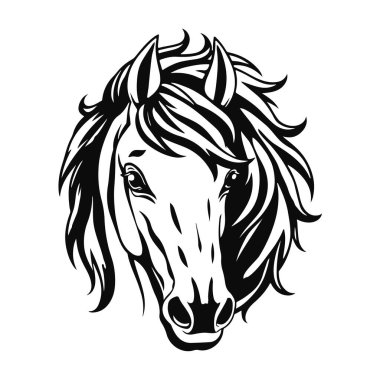 At logosu şablonu. Zarif yeleli bir at kafasının siyah beyaz silueti. Markalaşma, tasarım ve baskı için zarif minimalist logo