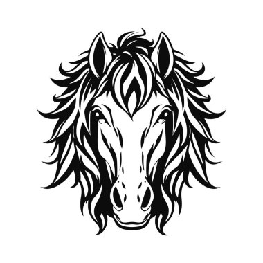 At logosu şablonu. Zarif yeleli bir at kafasının siyah beyaz silueti. Markalaşma, tasarım ve baskı için zarif minimalist logo