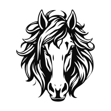At logosu şablonu. Zarif yeleli bir at kafasının siyah beyaz silueti. Markalaşma, tasarım ve baskı için zarif minimalist logo