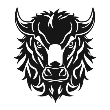 Boğa başlı logo, güçlü hayvan amblemi, kızgın boğa yüzü, boynuzlu canavar ikonu, vektör çizimi.