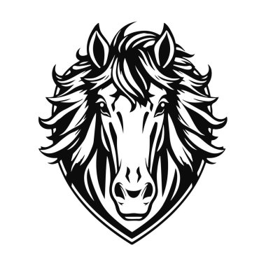 At logosu şablonu. Zarif yeleli bir at kafasının siyah beyaz silueti. Markalaşma, tasarım ve baskı için zarif minimalist logo