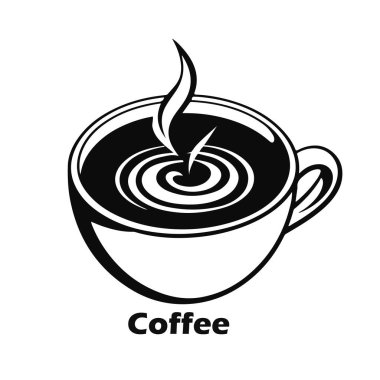 Sıcak kahve fincanı logosu tasarımı, dumanı tüten içecek ikonu, kafe içecek illüstrasyonu, sabah espresso sembolü, siyah beyaz sanat eseri.