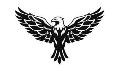 Kartal logo şablonu. Kanatları açık siyah beyaz bir kartal silueti. Simetrik ve şık logo, damgalama ve amblemler için mükemmel.
