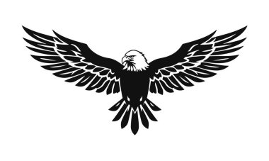 Kartal logo şablonu. Kanatları açık siyah beyaz bir kartal silueti. Simetrik ve şık logo, damgalama ve amblemler için mükemmel.