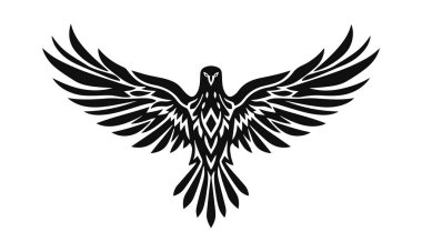 Kartal logo şablonu. Kanatları açık siyah beyaz bir kartal silueti. Simetrik ve şık logo, damgalama ve amblemler için mükemmel.