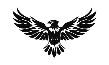 Kartal logo şablonu. Kanatları açık siyah beyaz bir kartal silueti. Simetrik ve şık logo, damgalama ve amblemler için mükemmel.