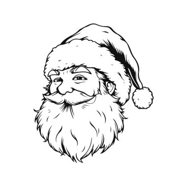 Siyah beyaz Noel Baba portresi, şapka ve uzun sakallı klasik tatil sezonu illüstrasyonu, Noel Baba, klasik Noel Baba yüzü, eski Noel Baba sanatı