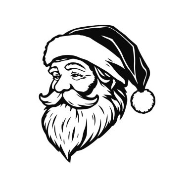 Siyah beyaz Noel Baba portresi, şapka ve uzun sakallı klasik tatil sezonu illüstrasyonu, Noel Baba, klasik Noel Baba yüzü, eski Noel Baba sanatı