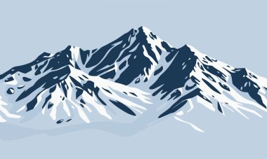Yüksek karla kaplı dağ zirvesinin vektör çizimi. Keskin çıkıntıları ve arka planda bulutlu mavi gökyüzü.