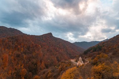 Sonbahar ormanındaki Antik Manastır. Geçitteki Haghartsin Ermeni Kilisesi