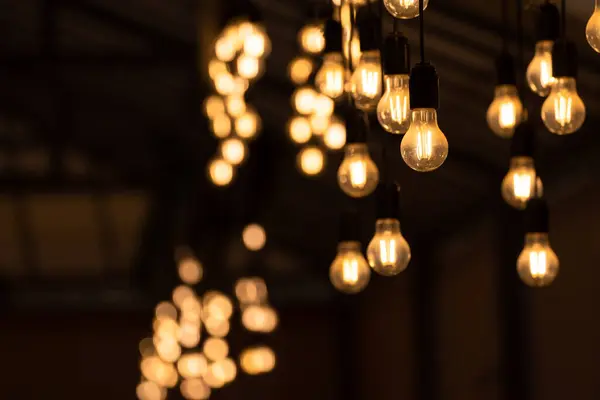 Decorative yellow light bulbs hanging in the ai