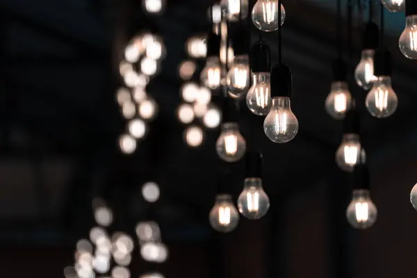 Decorative white light bulbs hanging in the ai