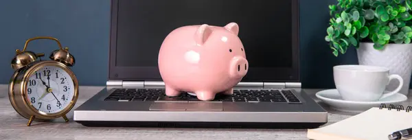 Piggy bank with laptop on table indoor