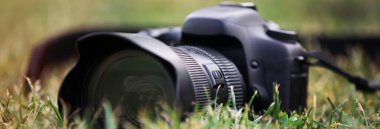 Yeşil gras üzerinde fotoğraf makinesi