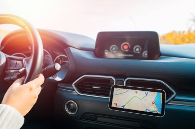 Arabada telefon rehberi kullanan bir kadın sürücü.,