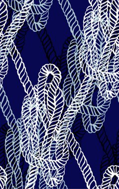 Seamless nautical rope pattern. Endless navy illustration with white loop ornament. Marine Carrick Bend knots on dark blue backdrop. Trendy maritime clipart