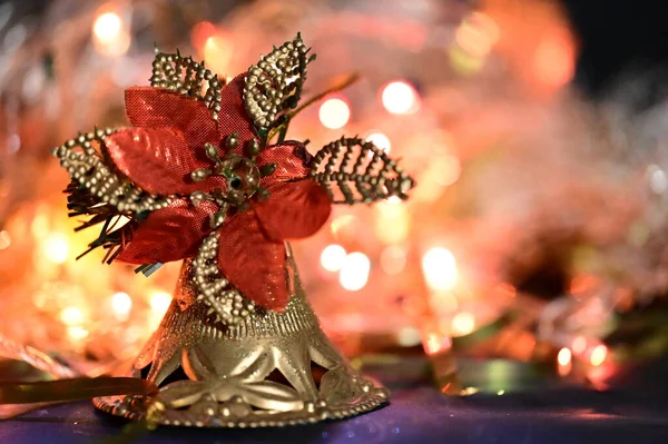 Christmas Decoration Bronze Bell Blurred Bokeh Background — Stock Photo, Image