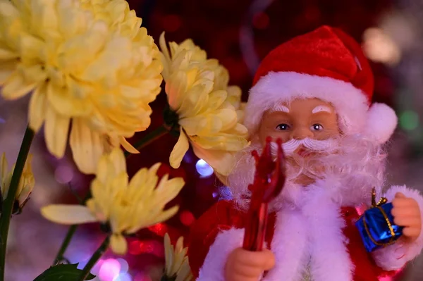 stock image christmas santa claus with red hat and beautiful yellow flowers