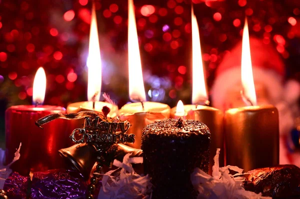 Burning Candles Christmas New Year Concept Festive Arrangement — Stock Photo, Image