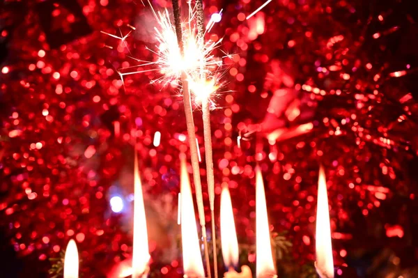 Burning Candles Sparkler Christmas New Year Concept Festive Arrangement — Stock Photo, Image