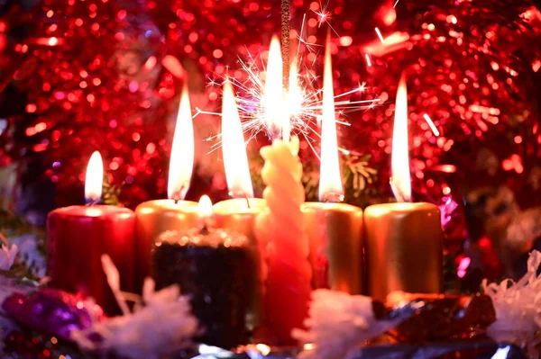 Candele Accese Scintillante Natale Nuovo Concetto Anno Disposizione Festiva — Foto Stock