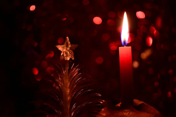 Christmas Decorations Burning Candle Close View Festive Background — Stock Photo, Image